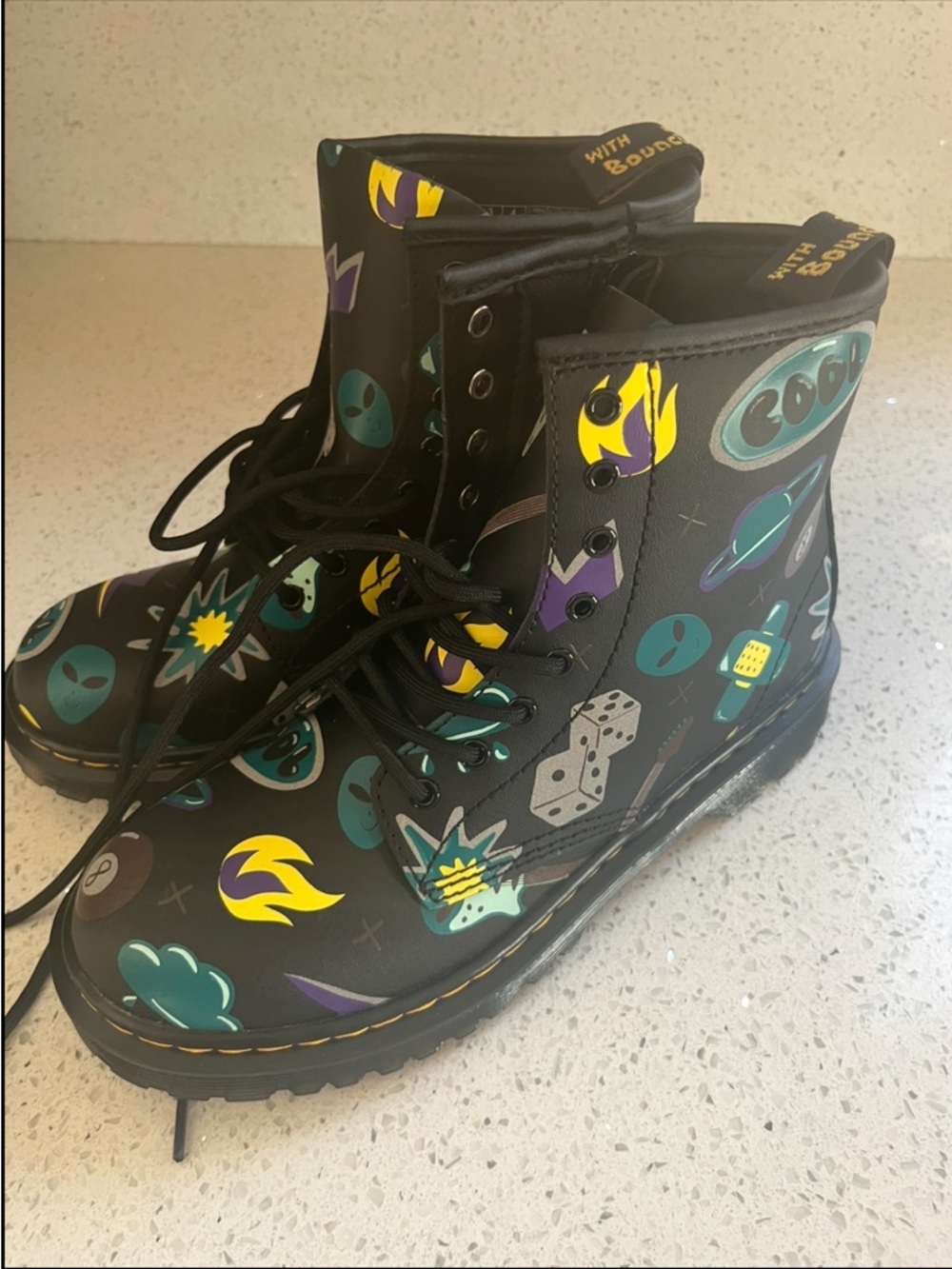 Dr. Martens Black Kids' Combat Boots with Teal, Yellow & Purple Graphics